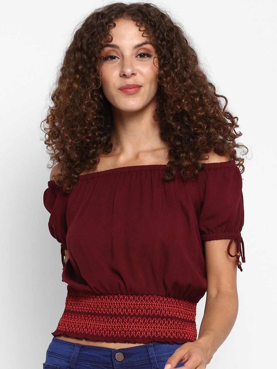 

Taurus Burgundy Off-Shoulder Bardot Crop Top