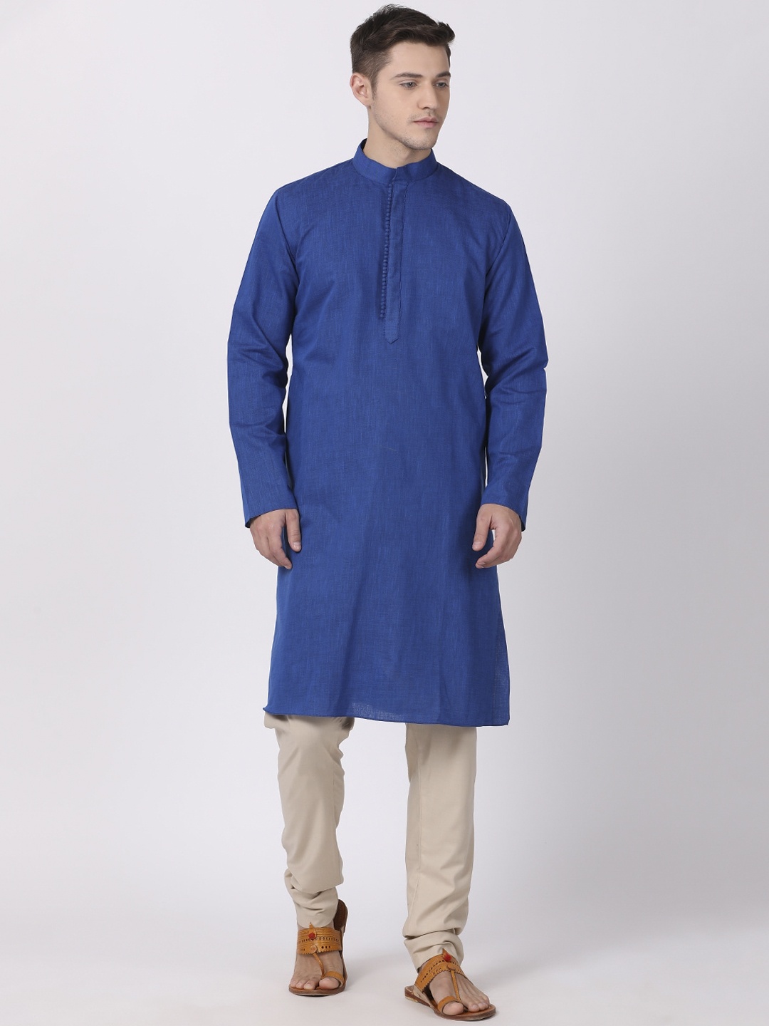 

TABARD Men Blue Solid Mandarin Collar Cotton Kurta
