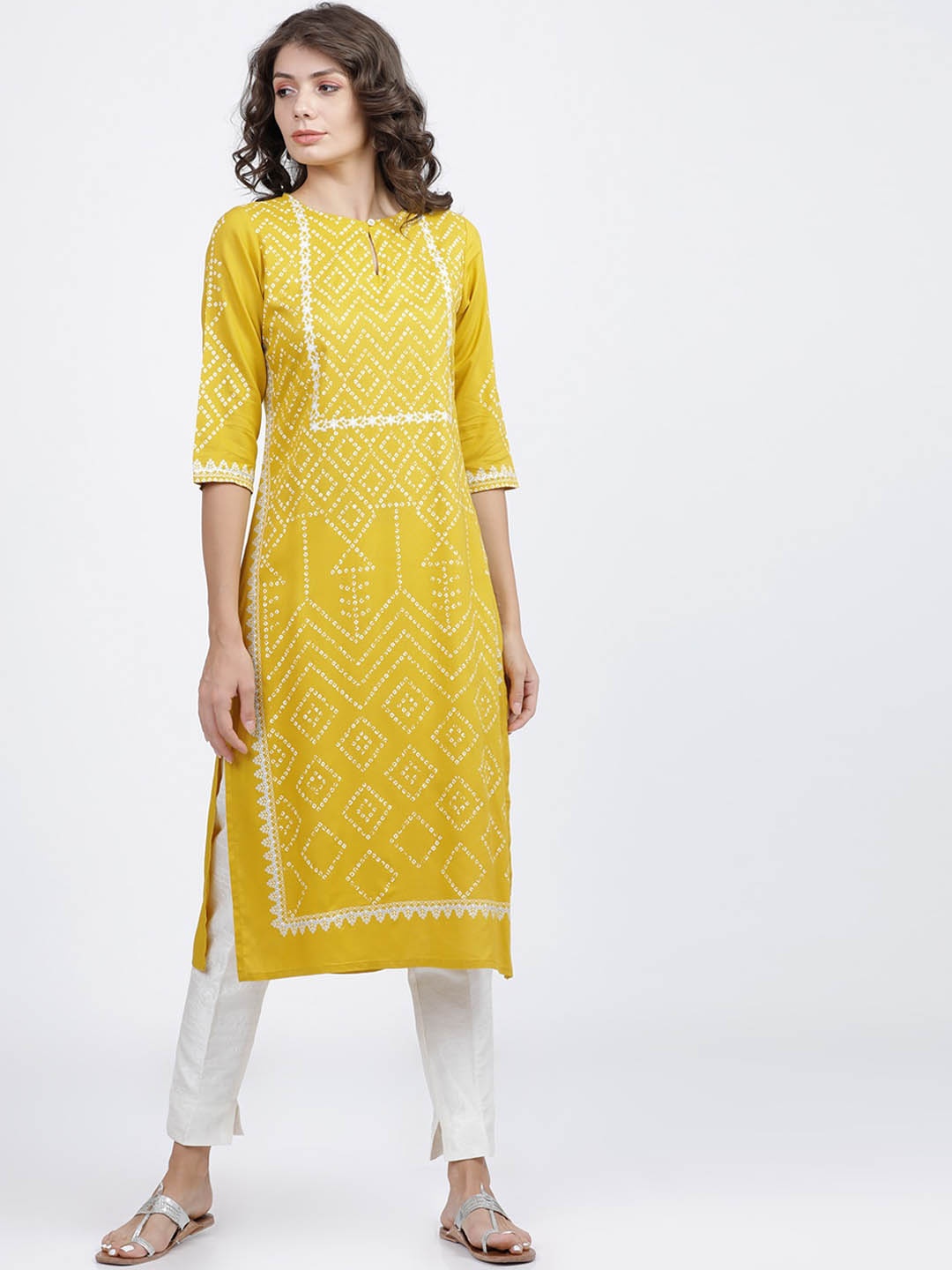 

Vishudh Women Yellow Bandhani Printed Keyhole Neck Kurta