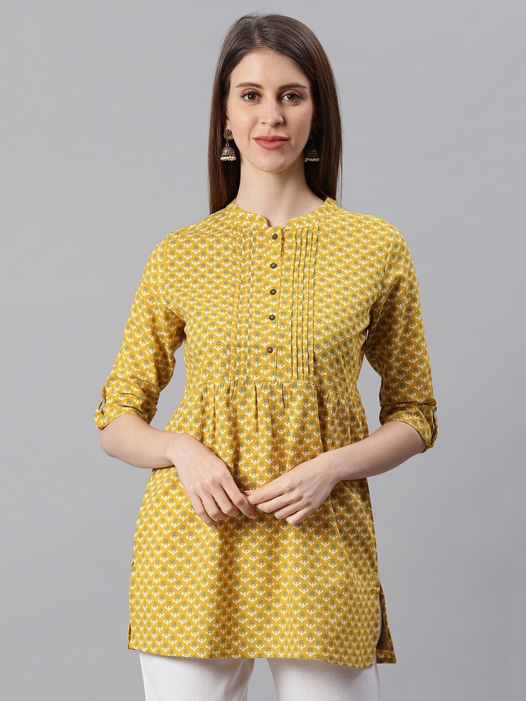 

Janasya Mustard Yellow & Off White Mandarin Collar Printed Tunic