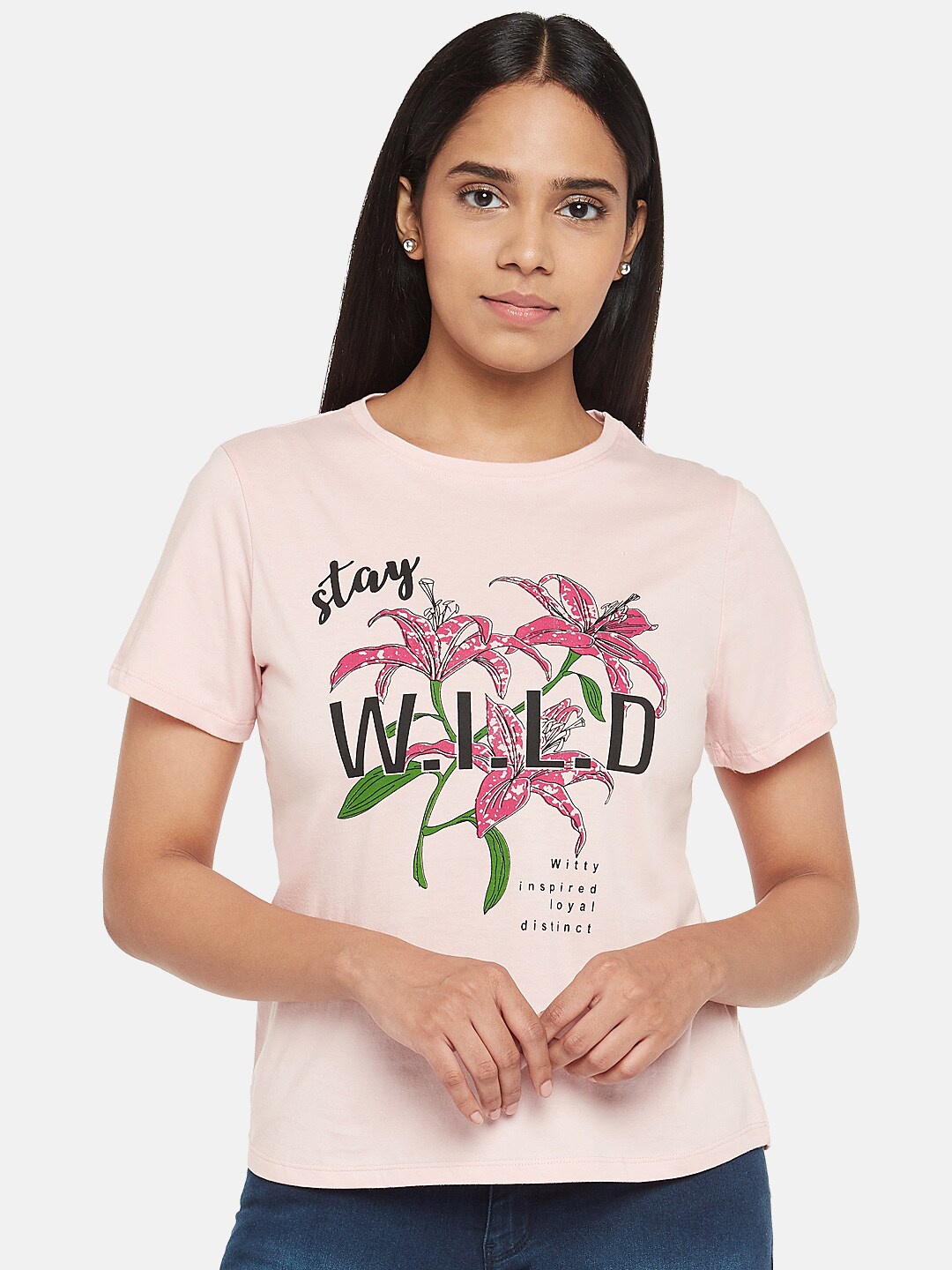 

People Women Pink Floral Printed Drop-Shoulder Sleeves T-shirt