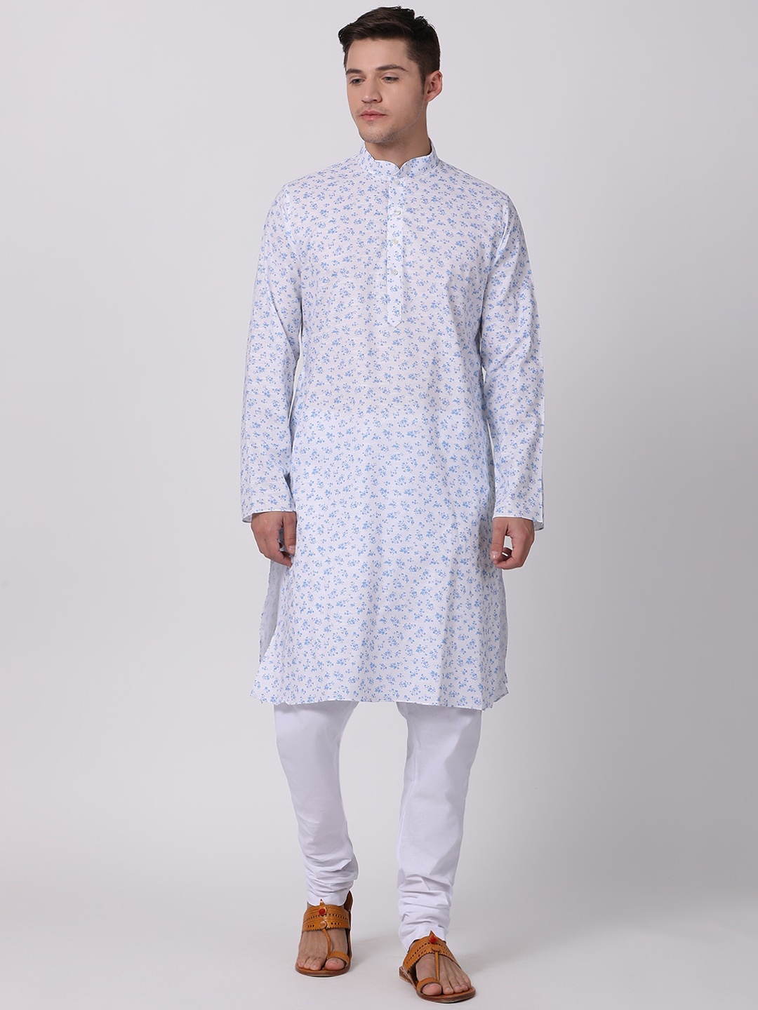

TABARD Men White & Blue Floral Cotton Printed Kurta