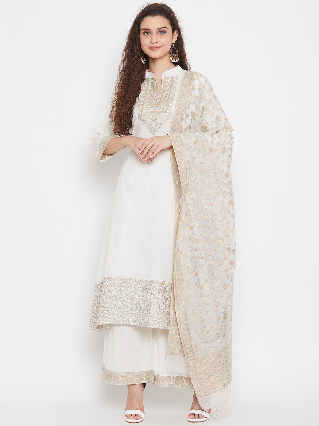 

Safaa White & Beige Pure Cotton Woven Design Unstitched Dress Material For Summer