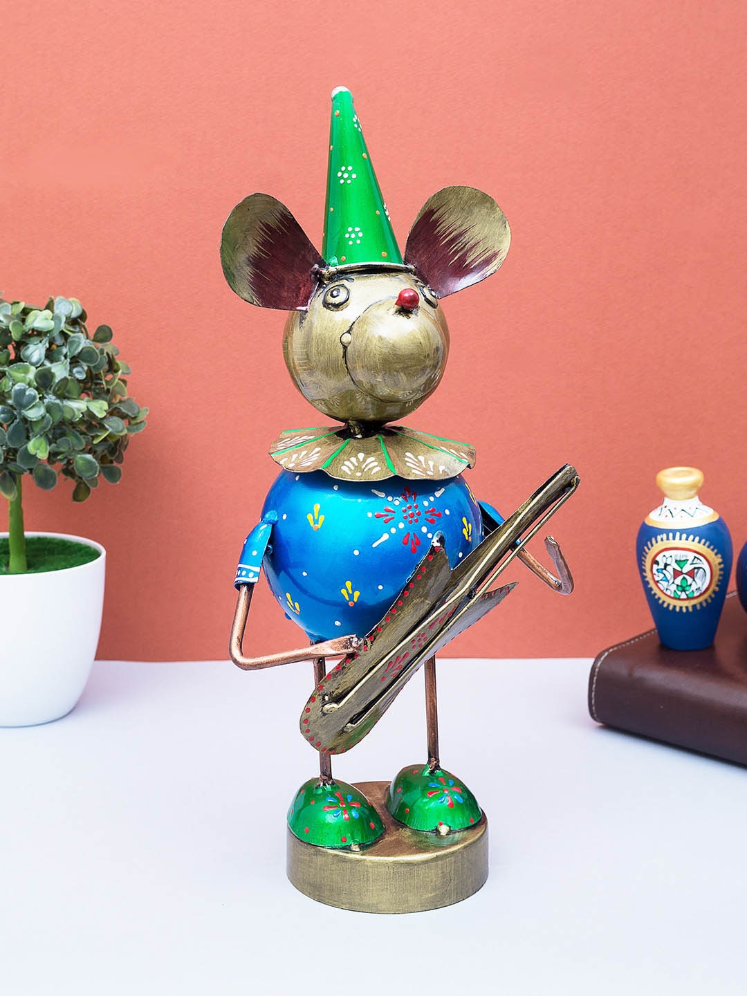 

Golden Peacock Gold-Toned & Blue Handpainted Monkey Musician Showpiece