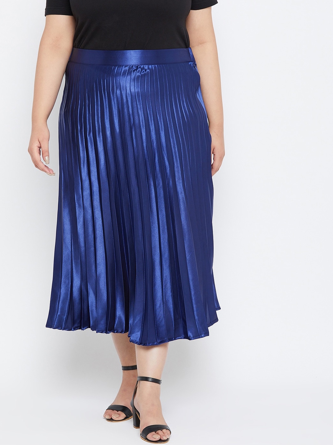 

Uptownie Lite Plus Size Blue Solid Satin Accordion Pleated Flared Midi Skirt