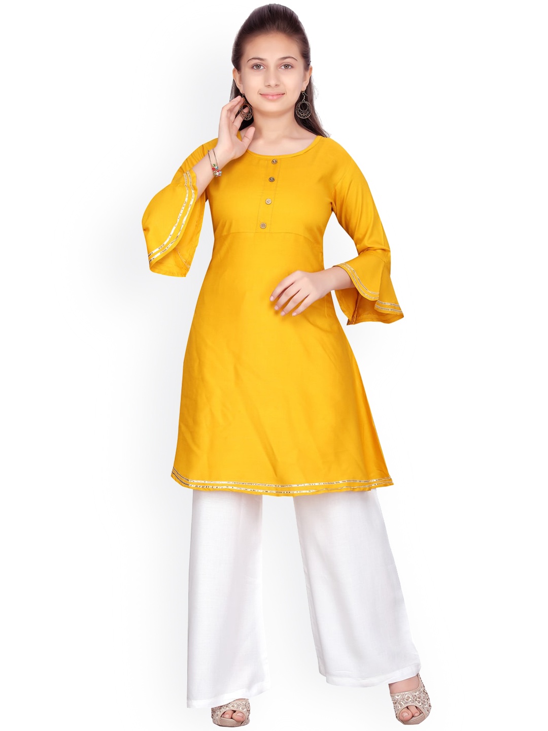 

Aarika Girls Yellow & White Regular A-Line Pure Cotton Kurti with Palazzos