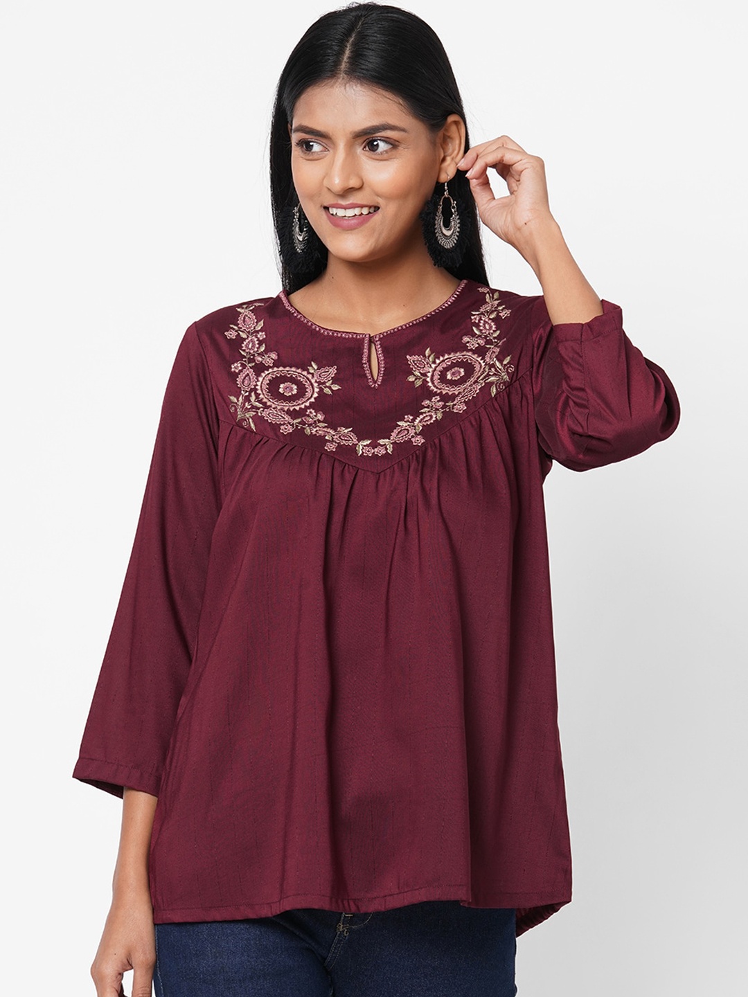 

Os Burgundy Embroidered Thread Work Thread Work Kurti
