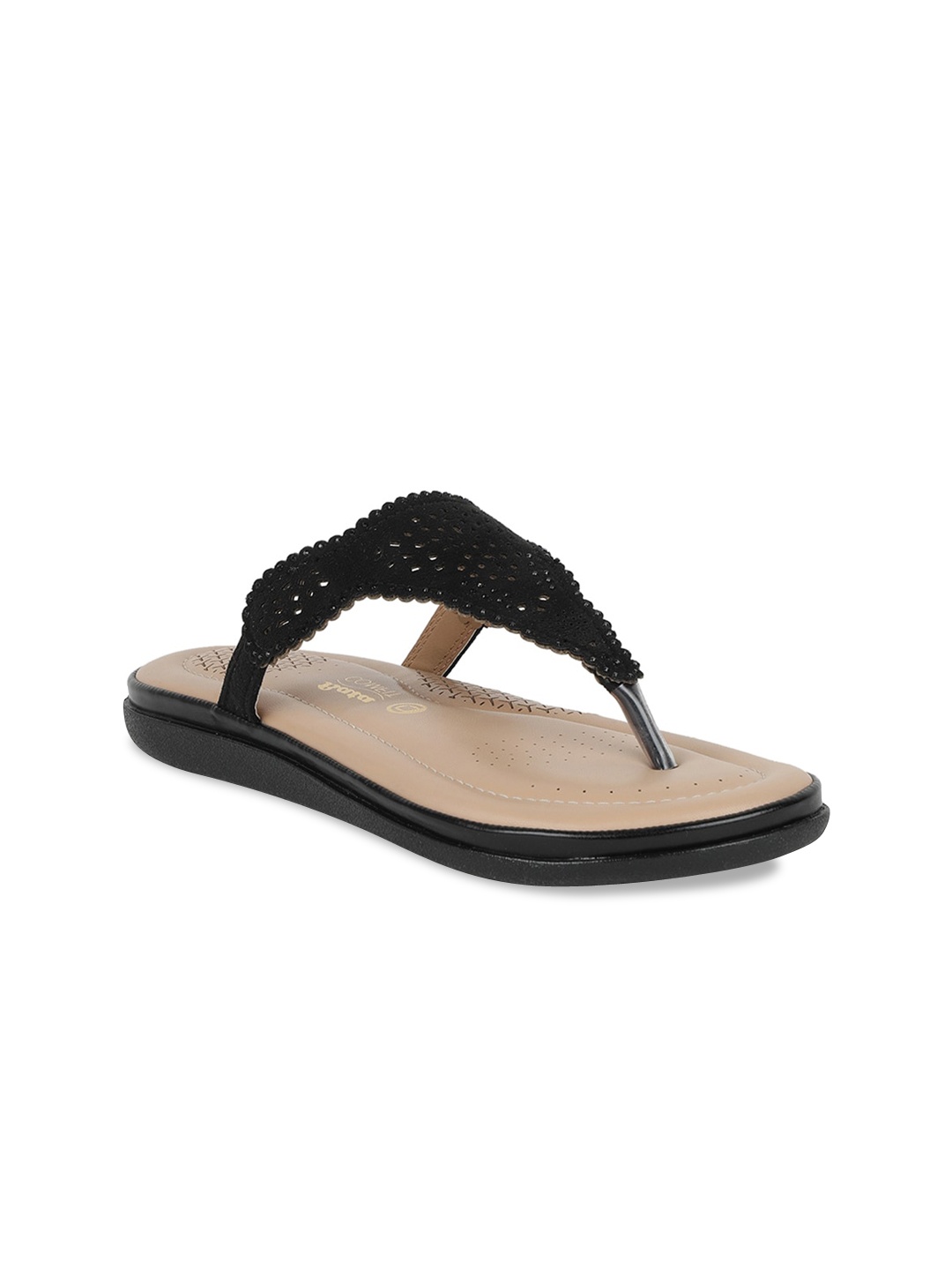 

Bata comfit Women Black Laser Cuts T-Strap Flats