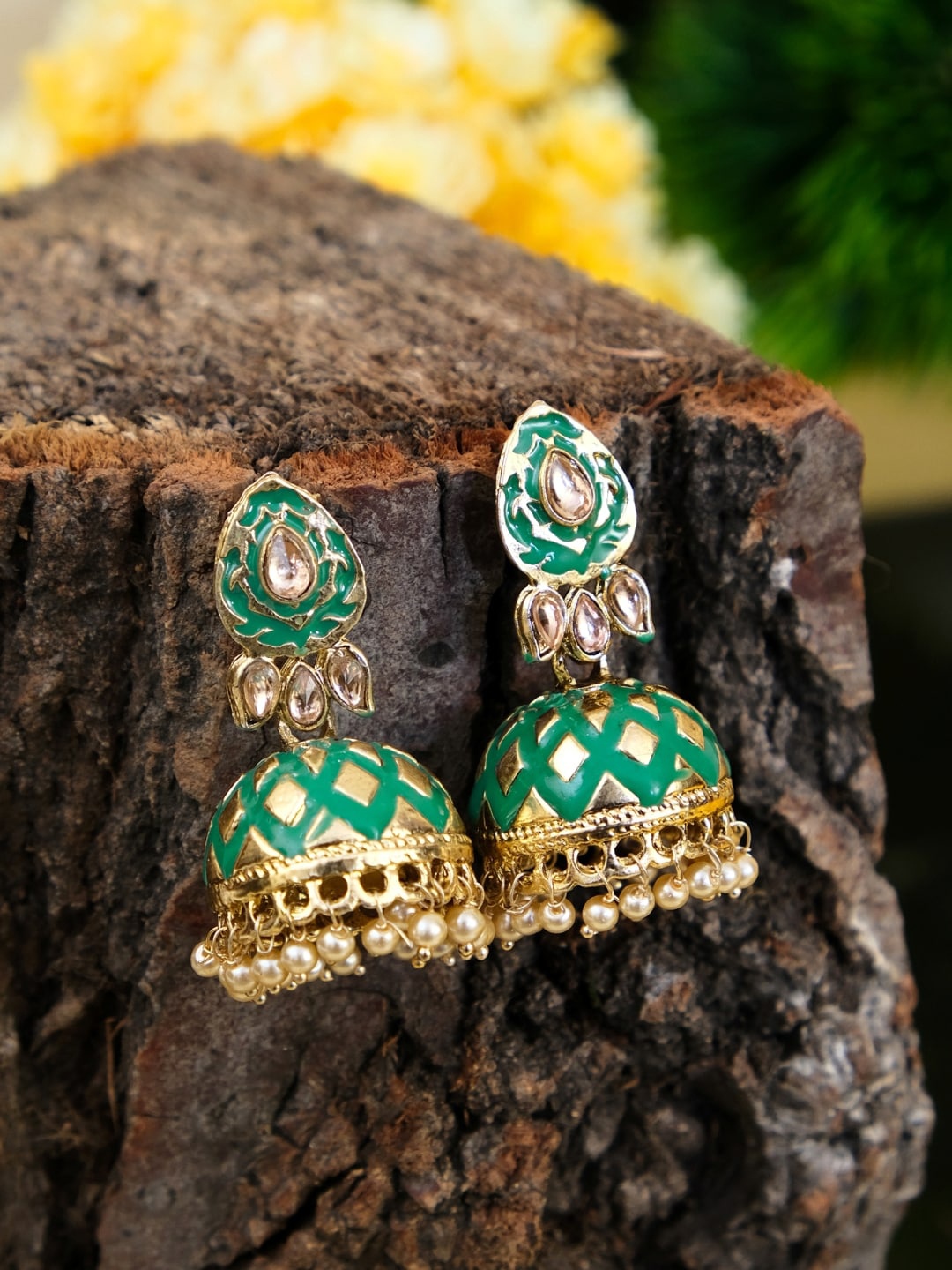 

Crunchy Fashion Gold-Plated & Green Contemporary Jhumkas