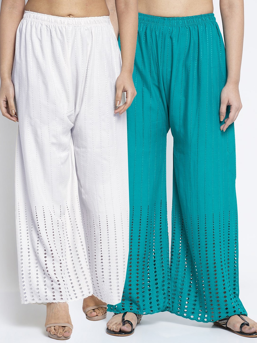 

GRACIT Women Pack Of 2 White & Blue Cotton Hem Design Knitted Palazzos