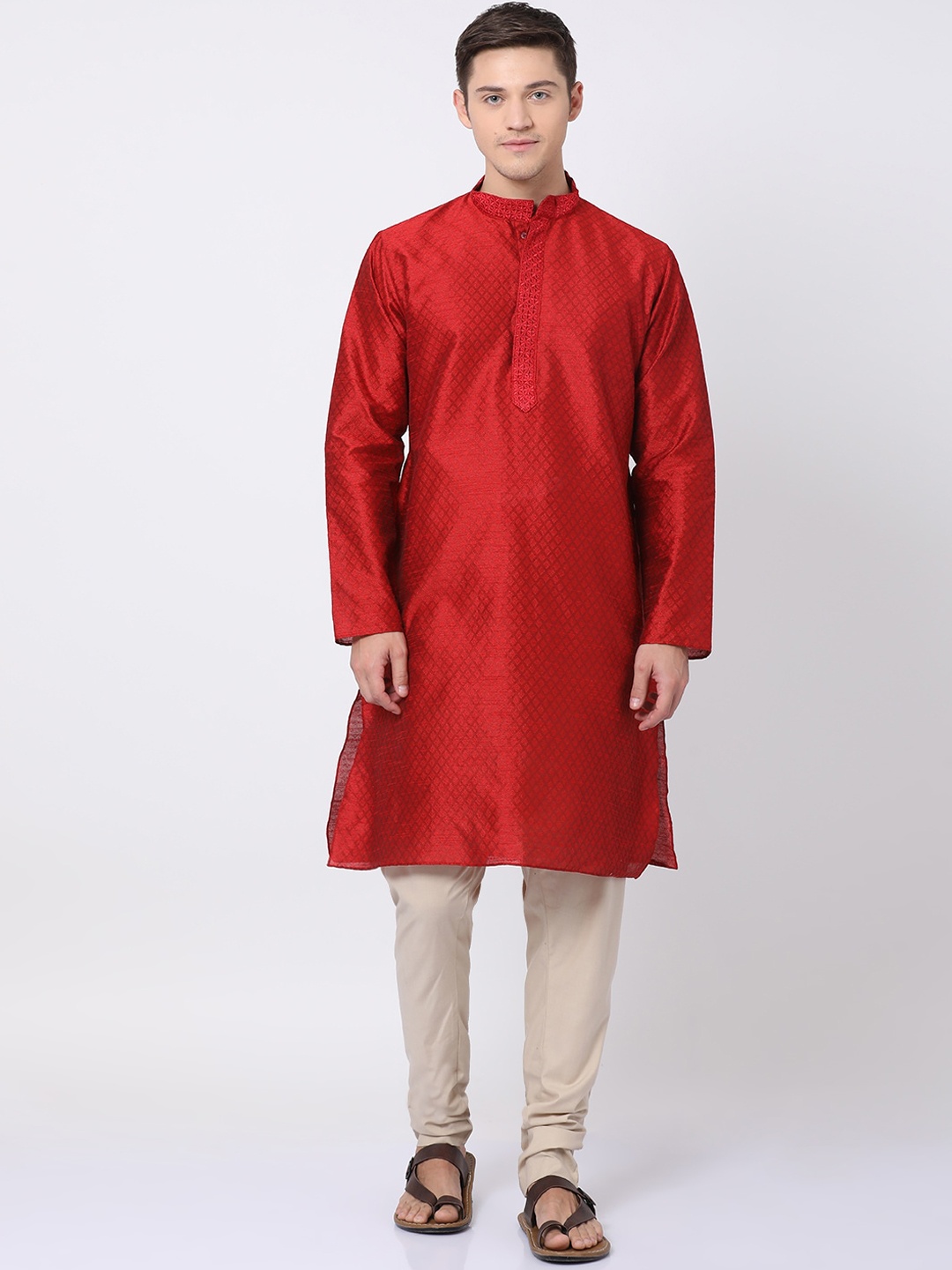 

TABARD Men Red Geometric Printed Band Collar Jacquard Kurta