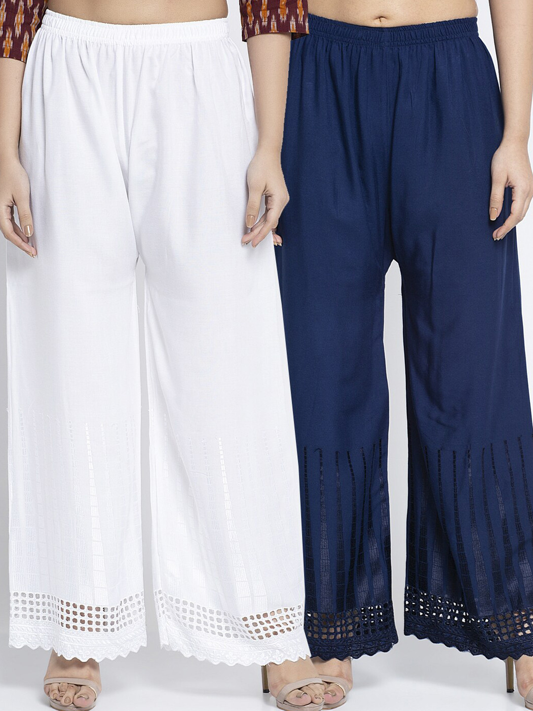 

GRACIT Women Pack Of 2 White & Navy Blue 2 Hem Design Knitted Palazzos
