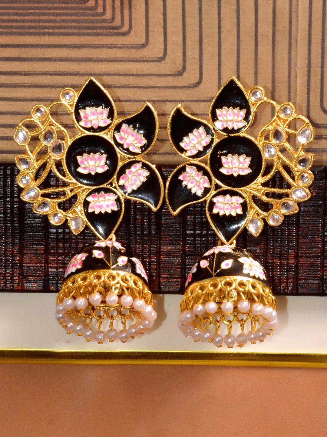 Crunchy Fashion Gold-Plated & Black Traditional Jhumki Jhumkas