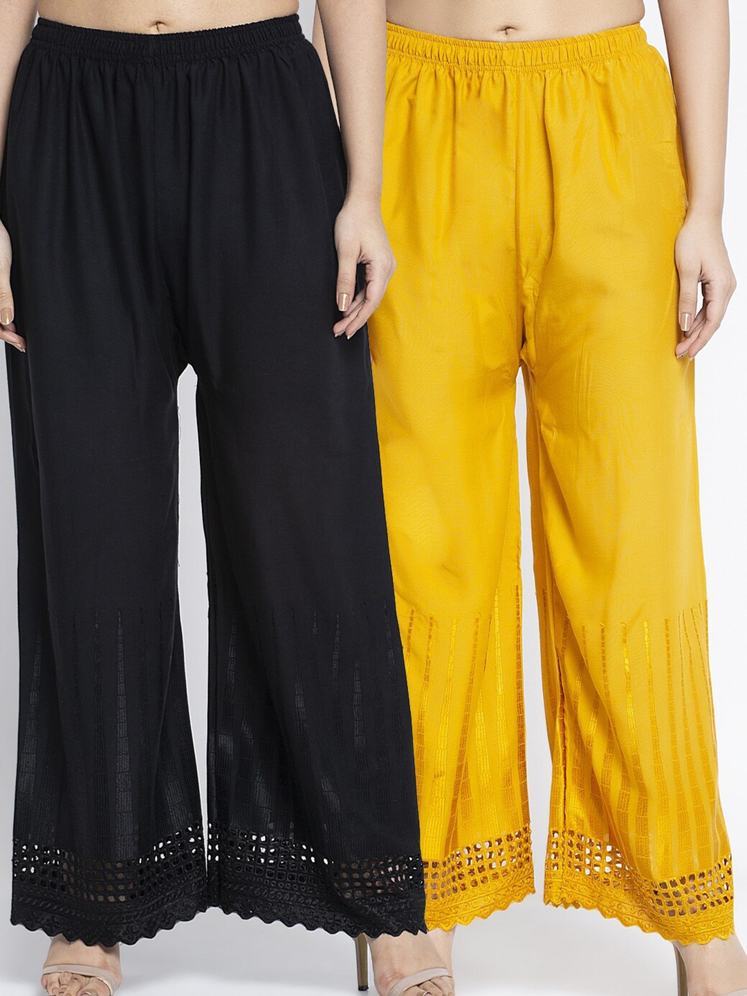 

GRACIT Women Pack Of 2 Hem Design Knitted Ethnic Palazzos, Black