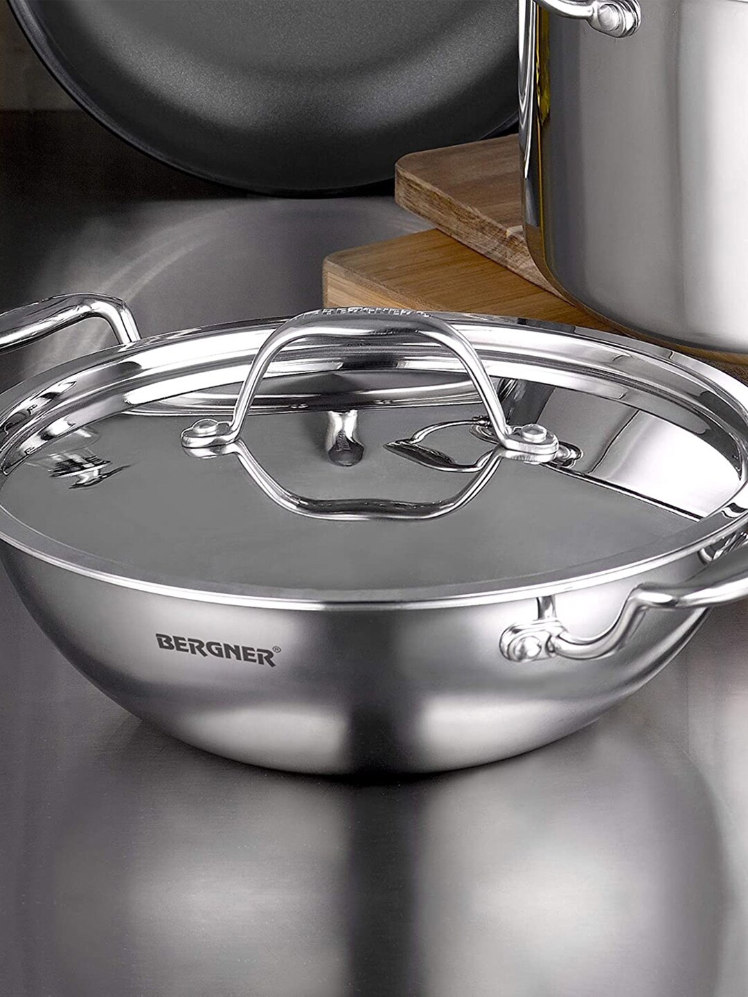 

BERGNER Argent TriPly Stainless Steel Induction Bottom Kadhai With Lid 2.5 L, Silver