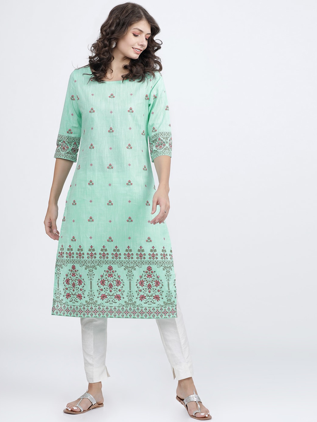 Vishudh Women Sea Green Ethnic Motifs Printed Cotton Kurta