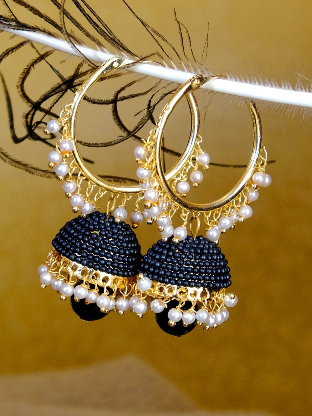 

Crunchy Fashion Gold-Plated & Black Beaded Dome Shaped Handcrafted Jhumkas