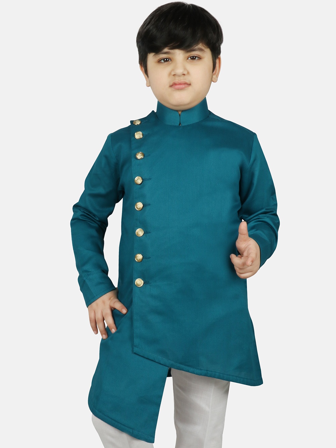 

SG YUVRAJ Boys Teal Green Raw Silk Kurta