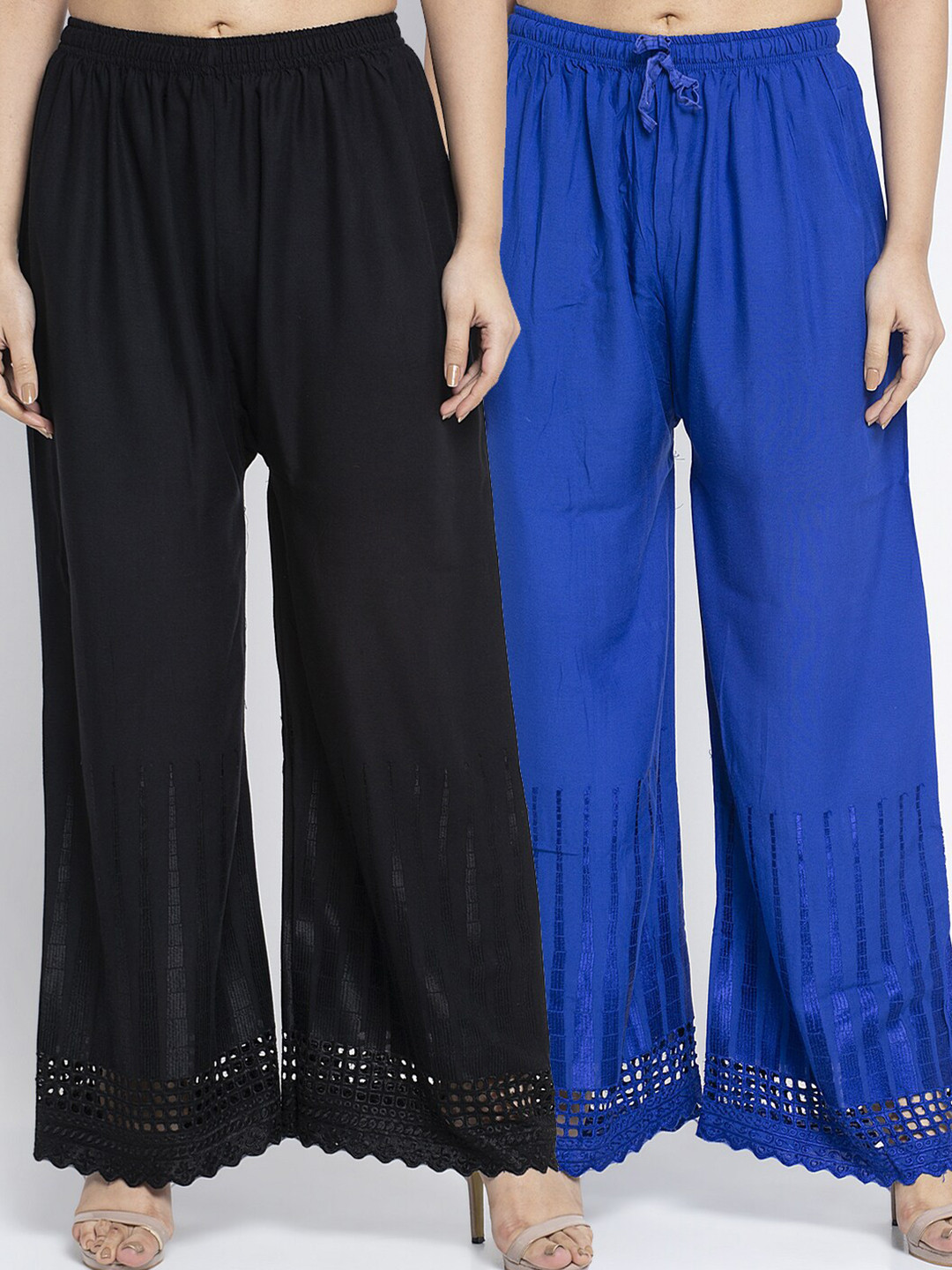 

GRACIT Women Pack Of 2 Black & Blue 2 Hem Design Knitted Ethnic Palazzos