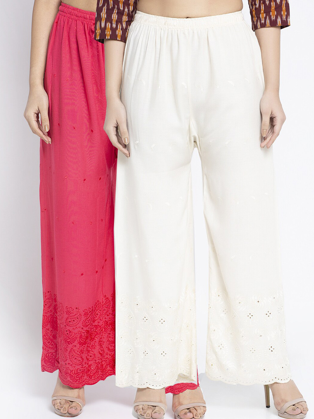 

GRACIT Women Pink & Off White Set of 2 Hem Design Knitted Palazzos