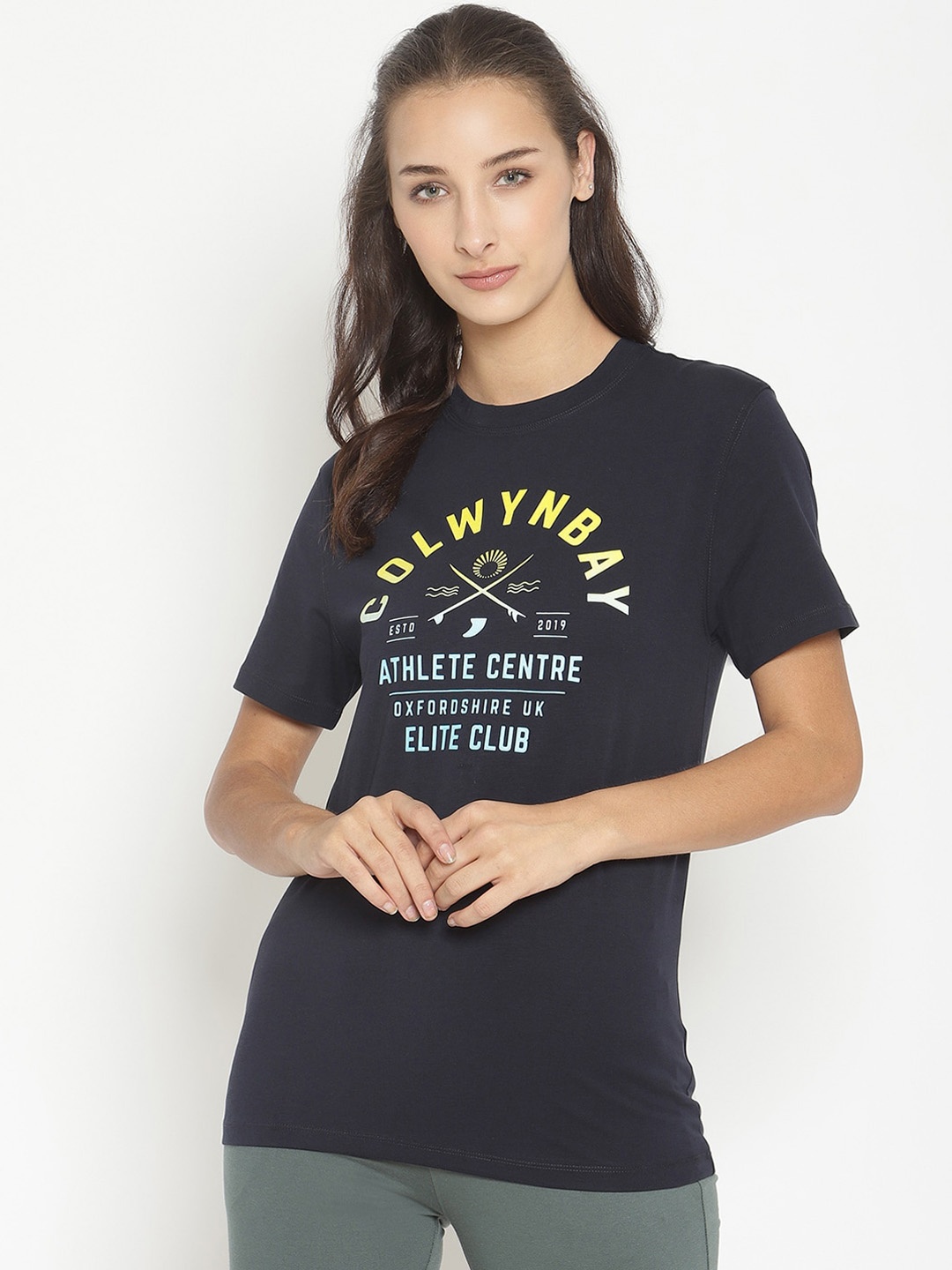 

COASTLAND Women Navy Blue & Yellow Colwynbay Printed Cotton Lounge T-Shirt