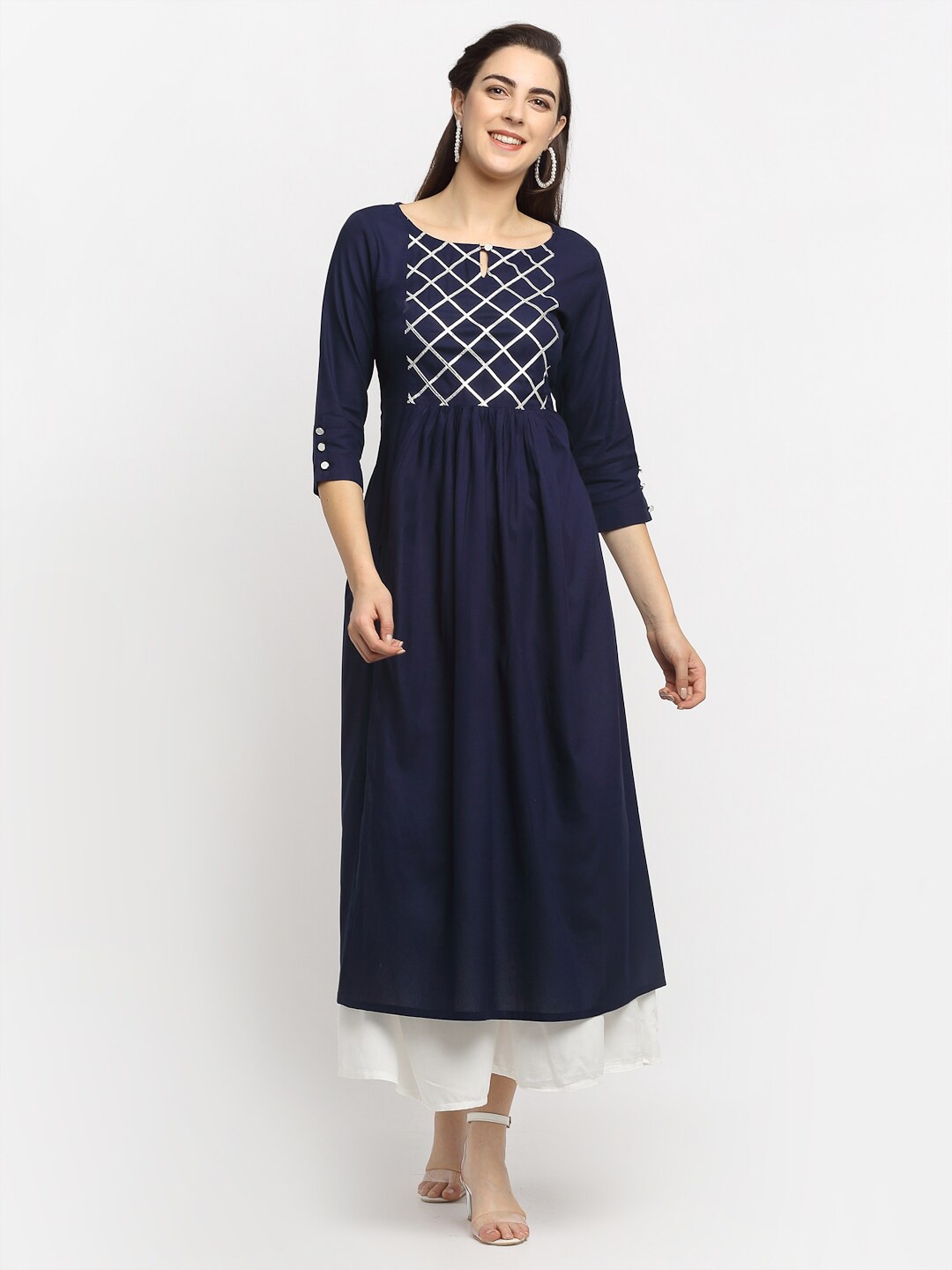 

Rudra Bazaar Women Blue Yoke Design Pleated A-Line Kurti with Trousers