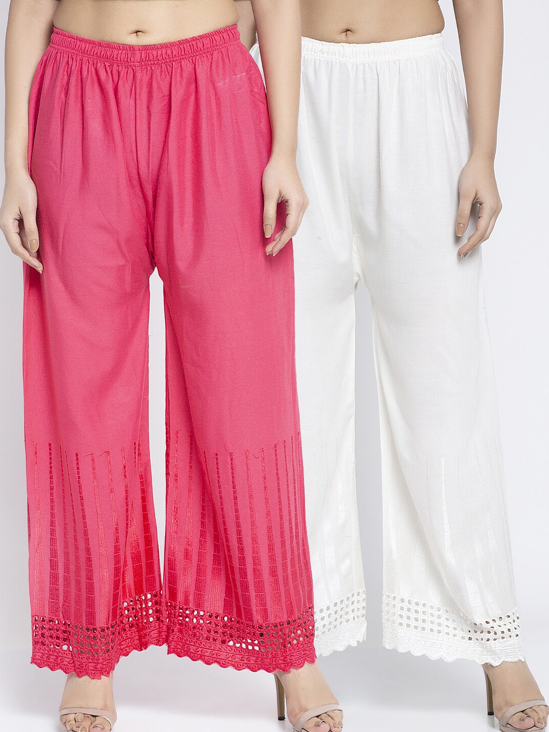 

GRACIT Women Pack Of 2 Pink & White Hem Design Knitted Palazzos