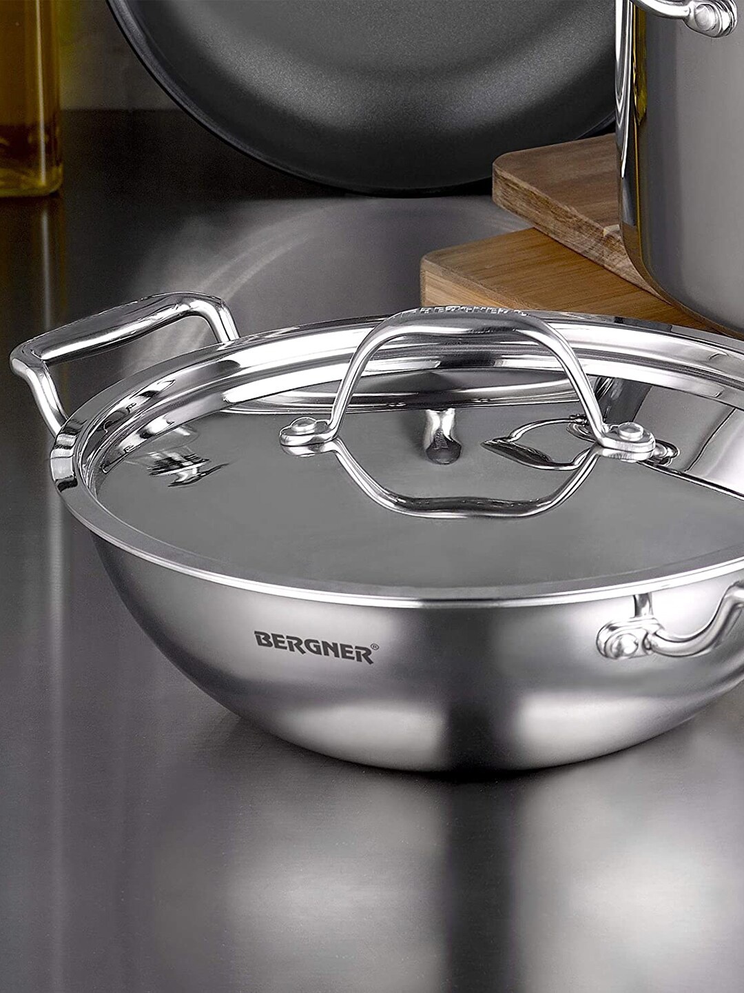 BERGNER Argent TriPly Stainless Steel Induction Bottom Kadai With Lid 5.8 L, Silver