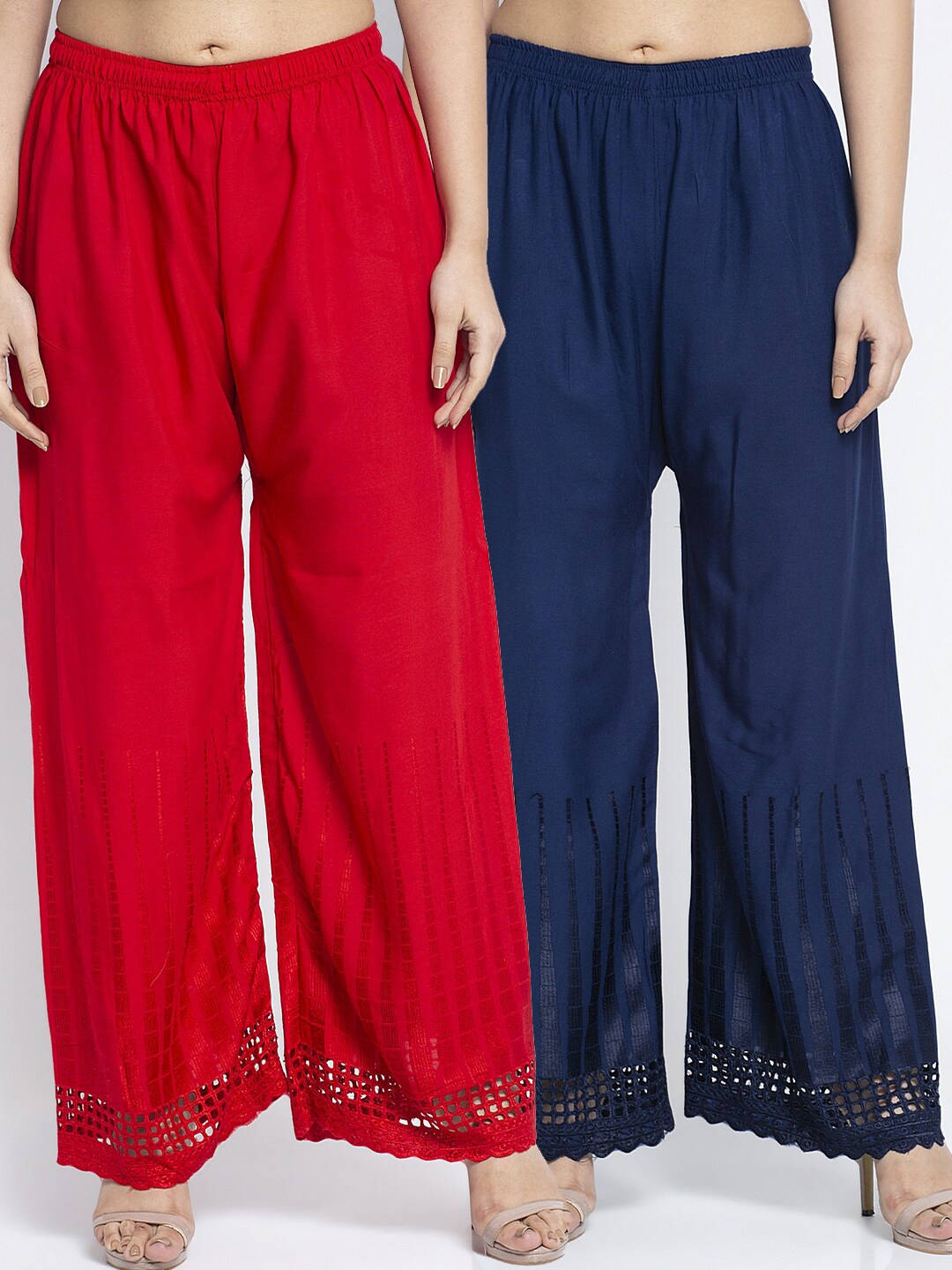 GRACIT Pack of 2 Women Red & Navy Blue Hem Design Palazzos