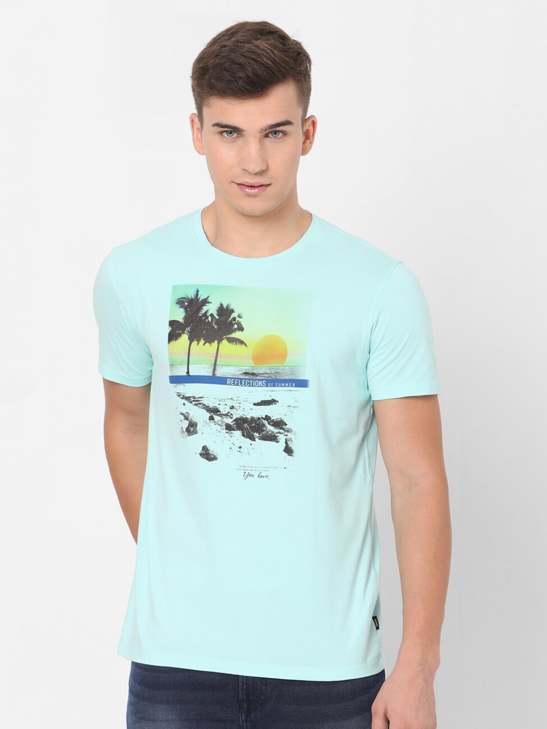 

SPYKAR Men Blue Printed Round Neck T-shirt