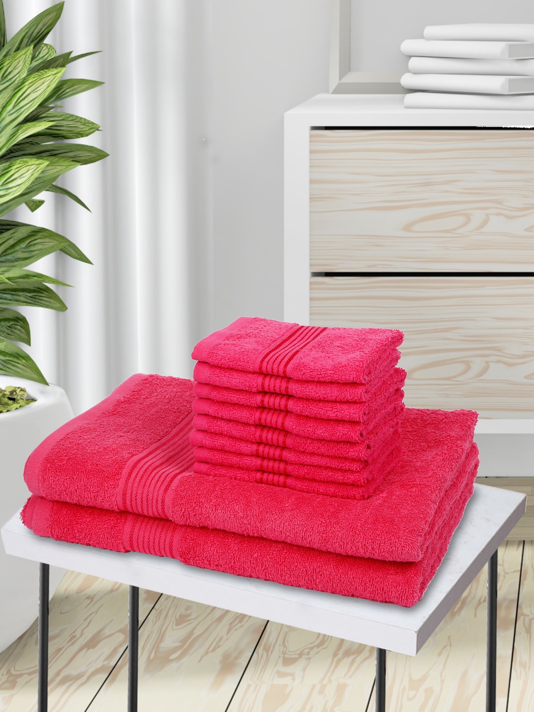 

KOPA Set Of 10 Pink Solid Pure Cotton 380 GSM Towel Set