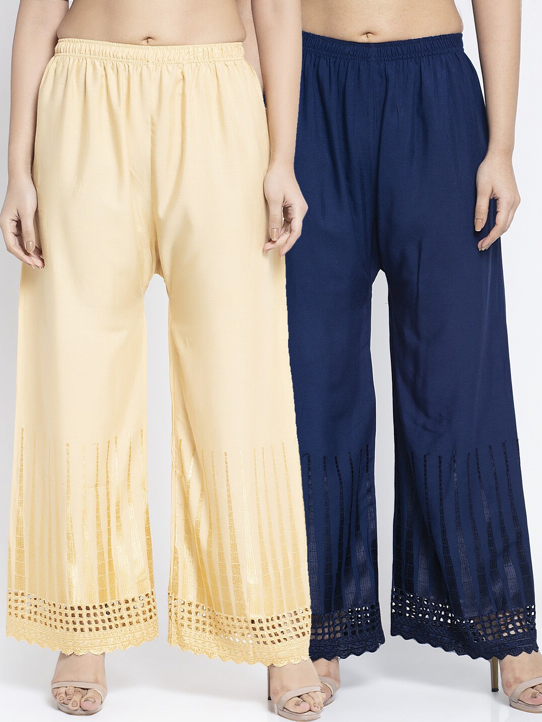 

GRACIT Women Pack of 2 Beige & Blue Hem Design Knitted Palazzos