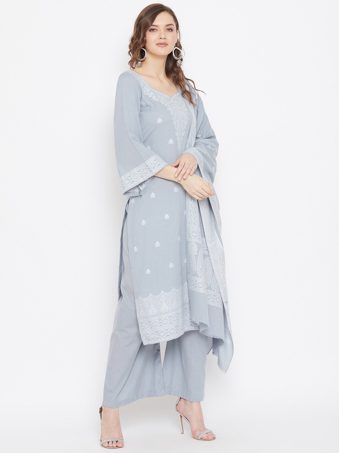 Safaa Grey & White Woven Design Pure Cotton Unstitched Dress Material