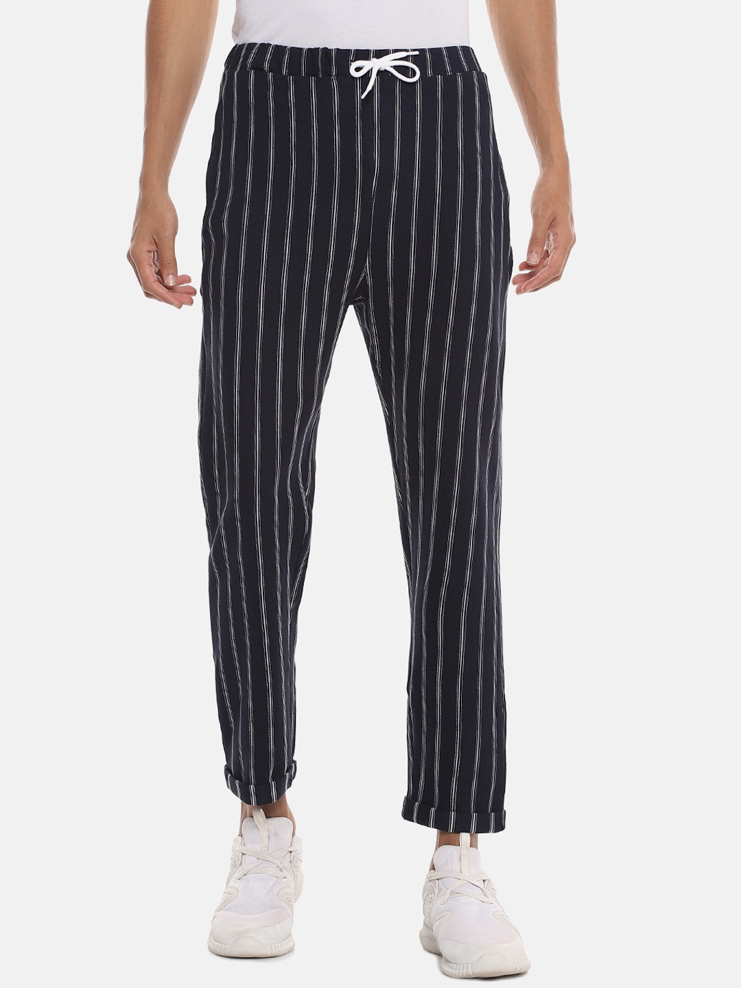 

Campus Sutra Men Navy-Blue & White Striped Straight-Fit Cotton Track Pants
