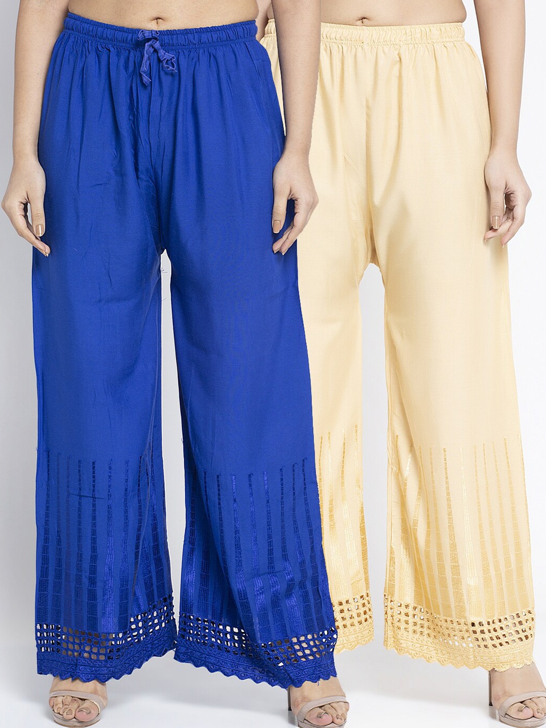 GRACIT Women Pack Of 2 Hem Design Knitted Ethnic Palazzos, Blue