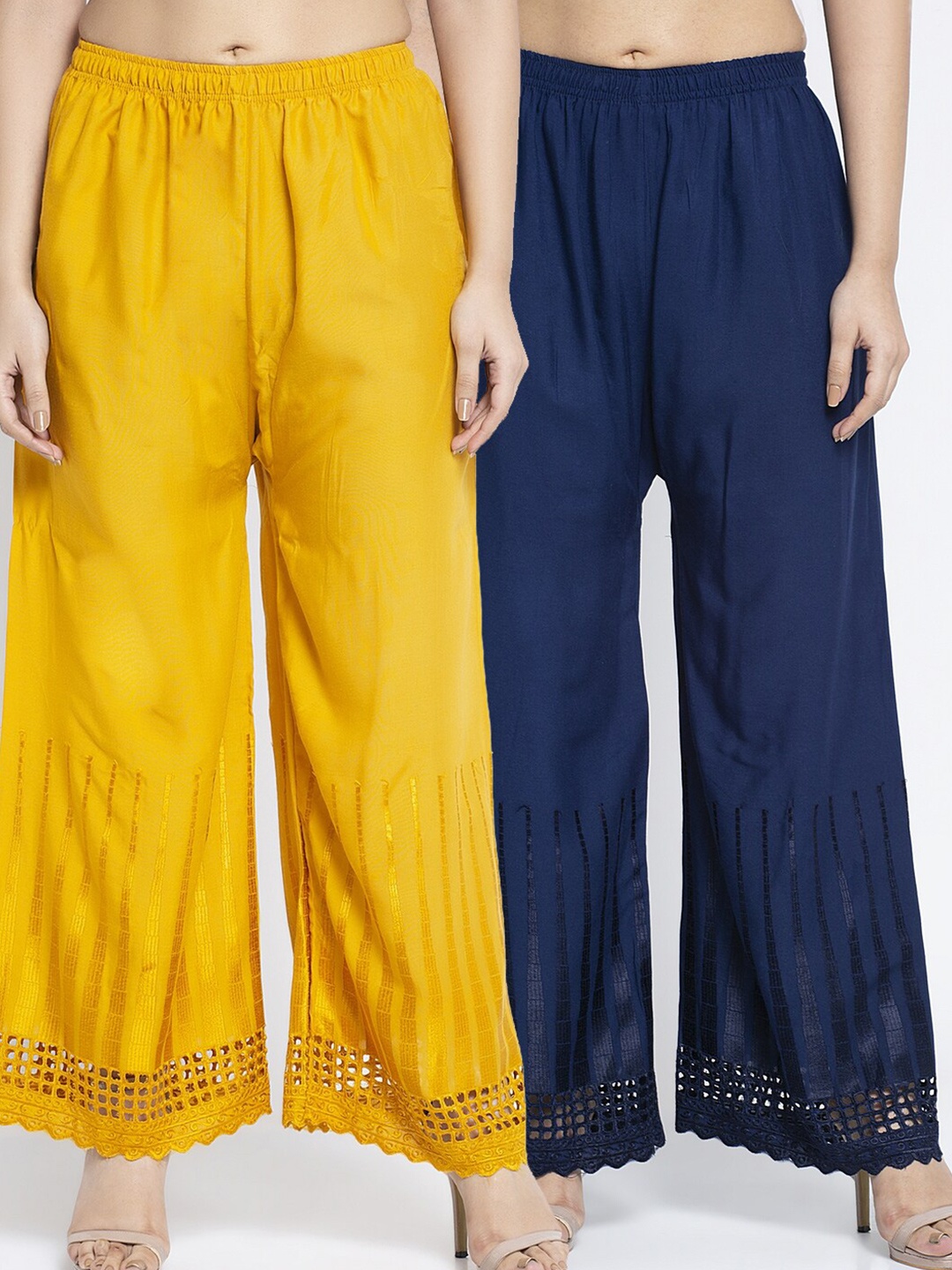 

GRACIT Women Yellow & Navy Blue Pack of 2 Hem Design Palazzos