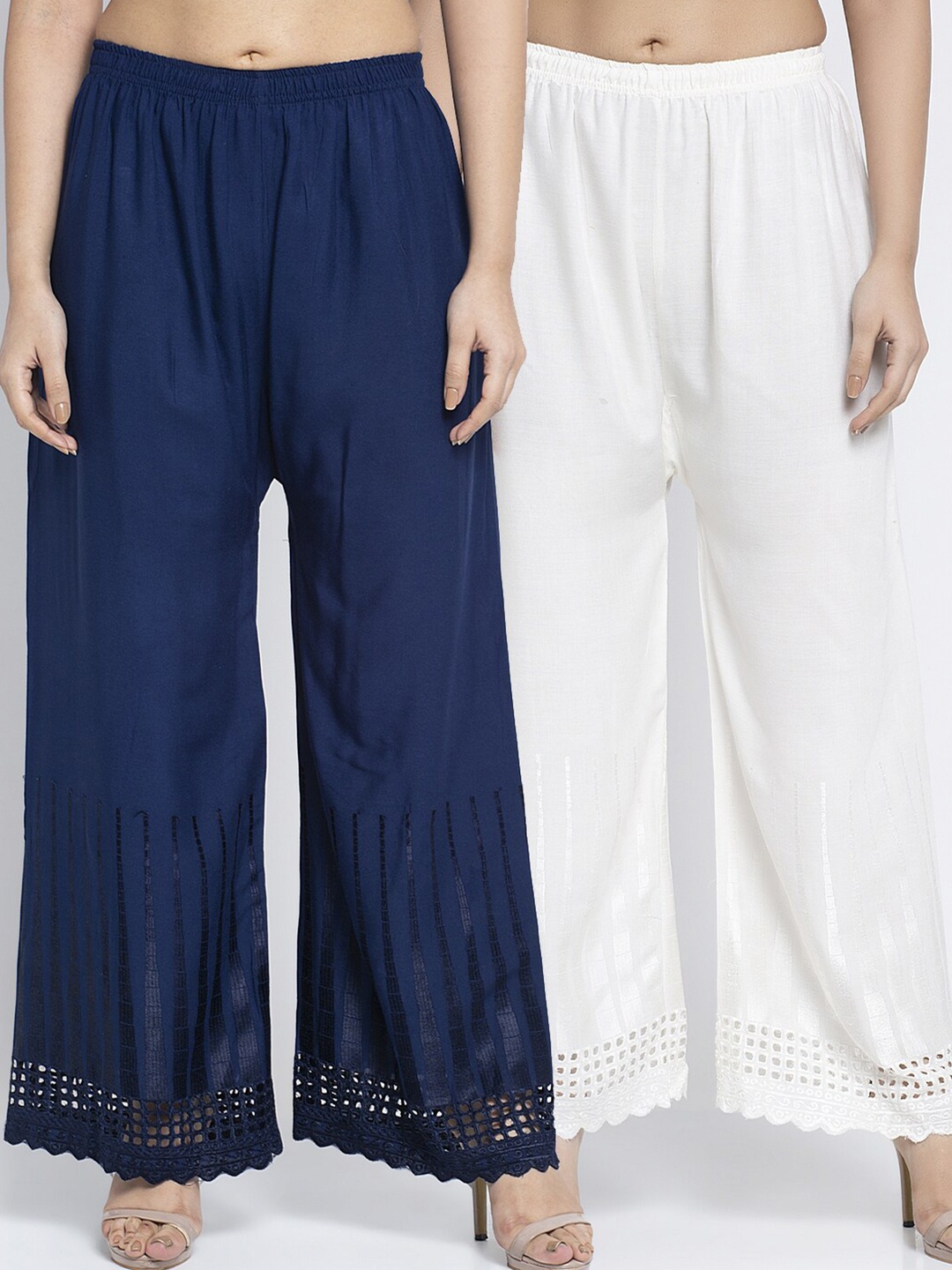 

GRACIT Women Navy Blue & White Pack of 2 Hem Design Palazzos