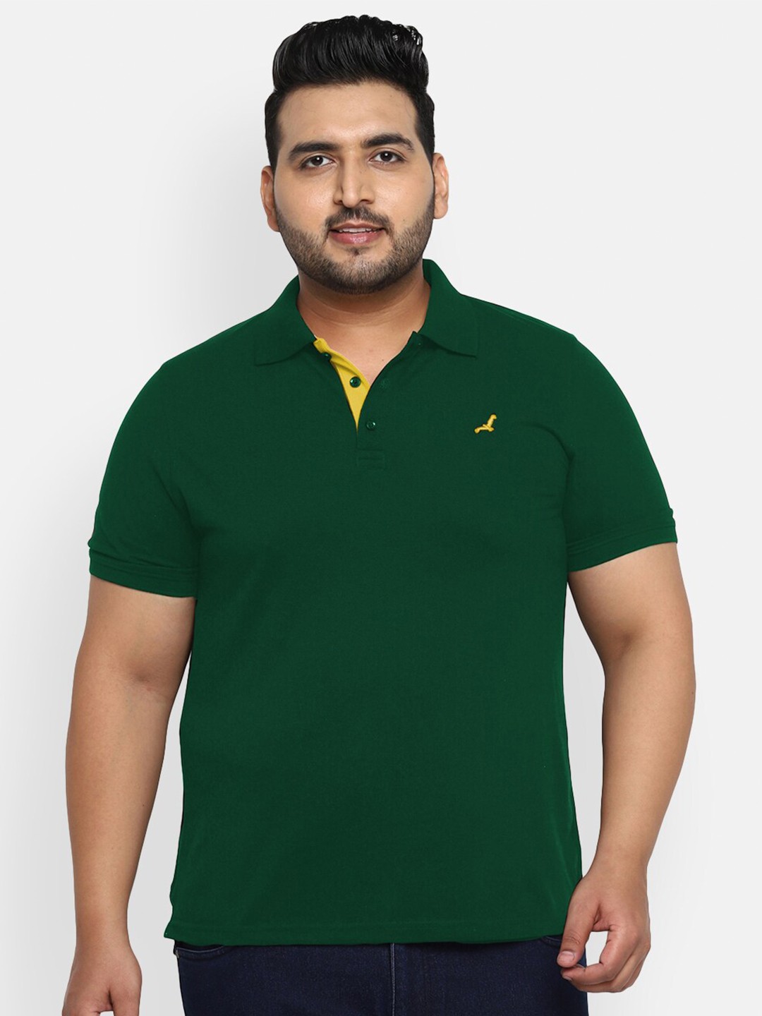 

American Crew Plus Men Green Solid Polo Collar T-shirt