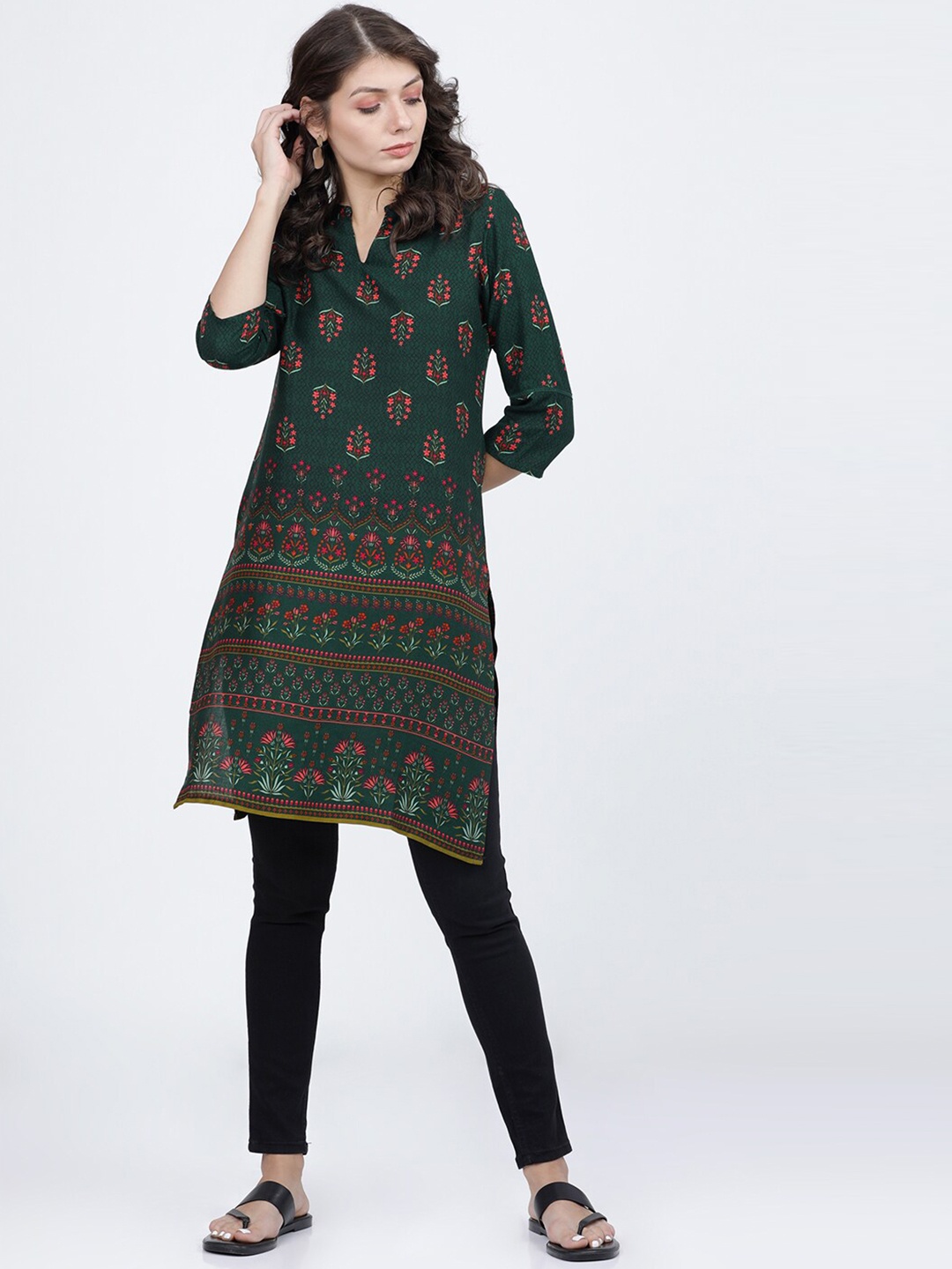 

Vishudh Green Viscose Rayon Mandarin Collar Printed Tunic