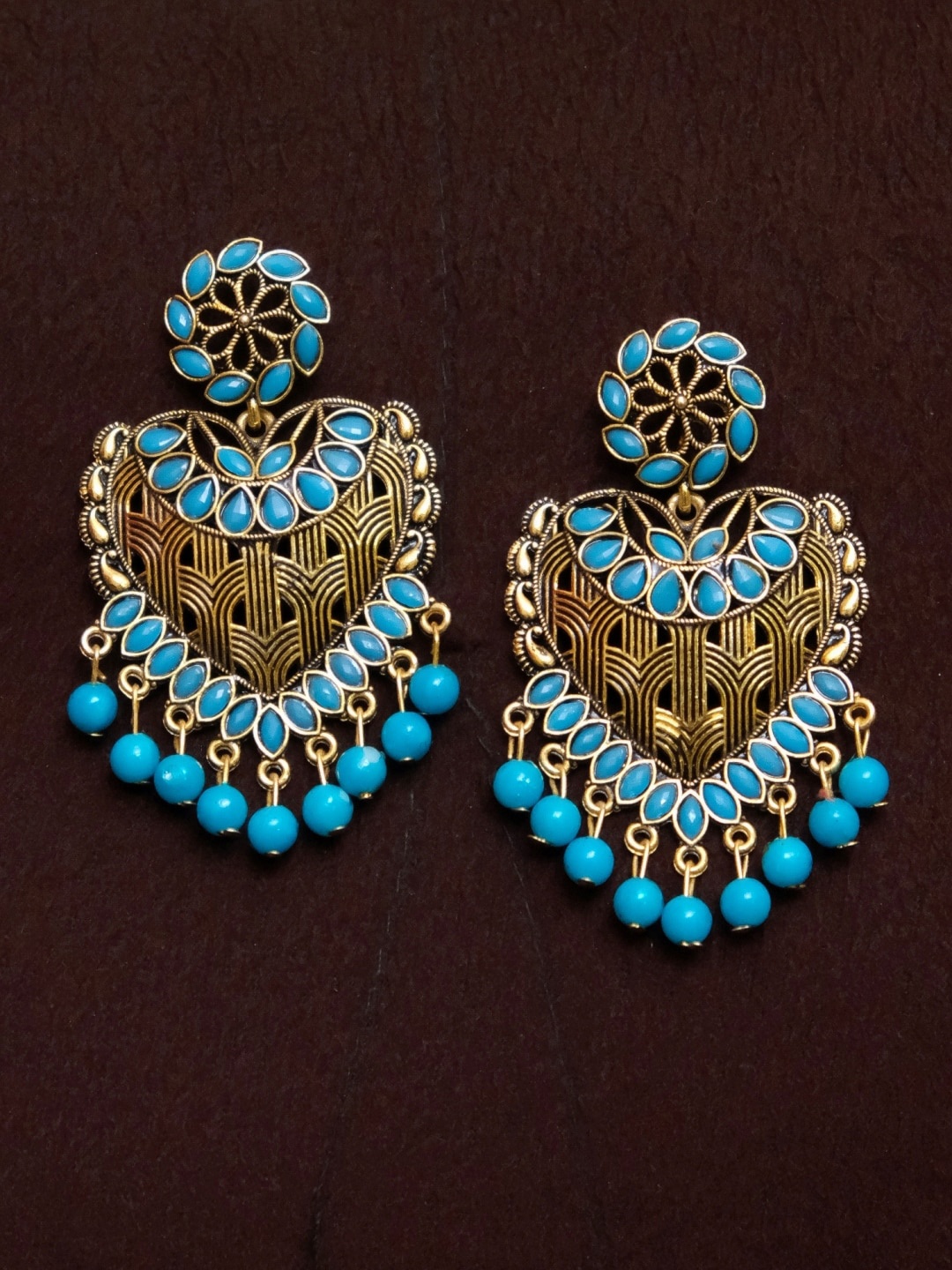

Crunchy Fashion Gold-Plated & Blue Heart Shaped Kundan Dangler Drop Earrings