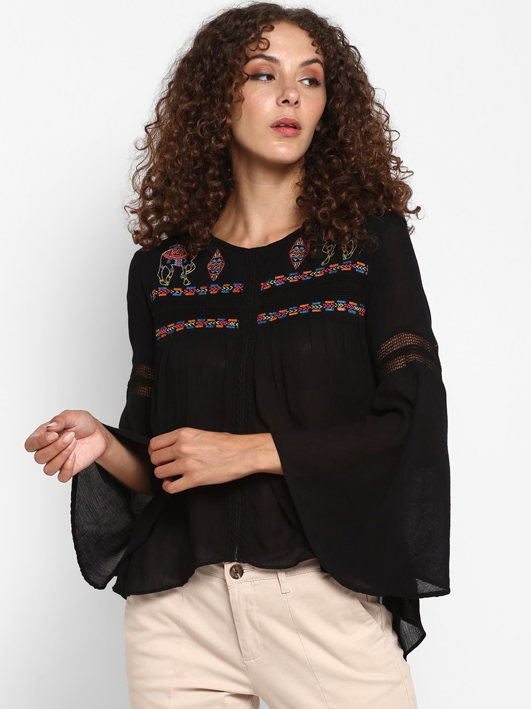 

Taurus Black Geometric Embroidered Flared Sleeves A-Line Top