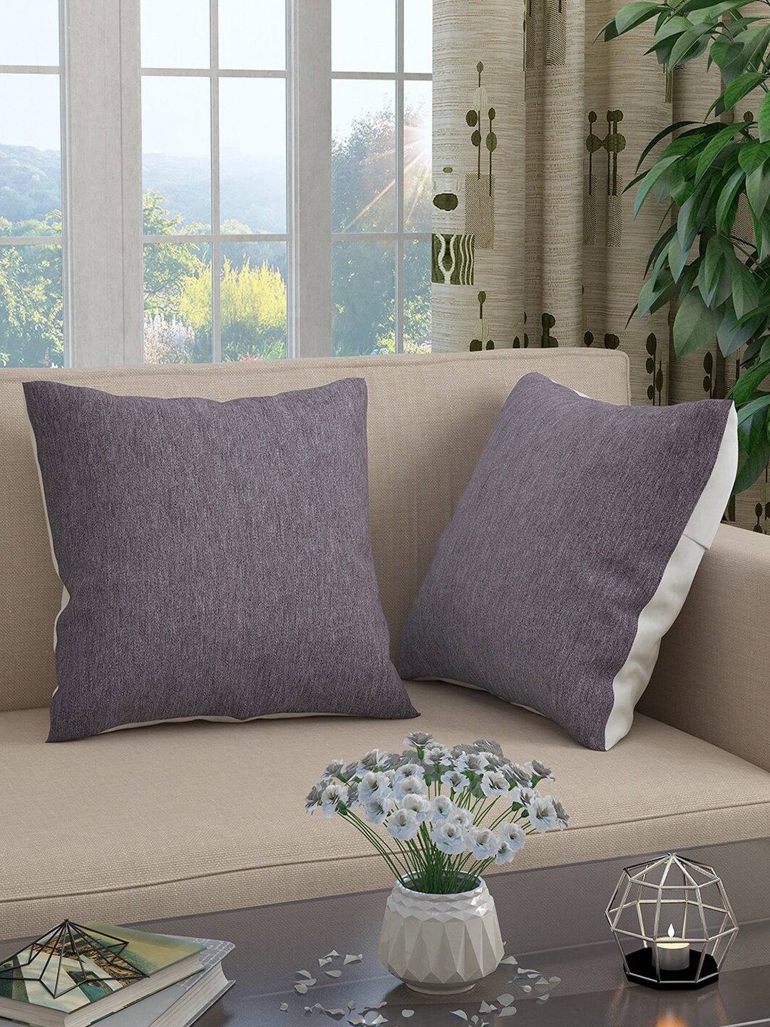 Story@home Set Of 2 Purple & White Solid Square Cushion Covers