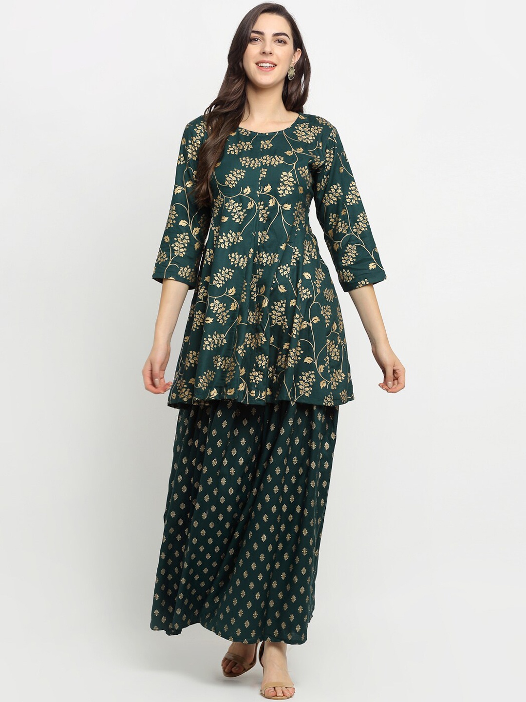 

Rudra Bazaar Women Green Printed Pleated A-Line Keyhole Neck Kurti with Skirt