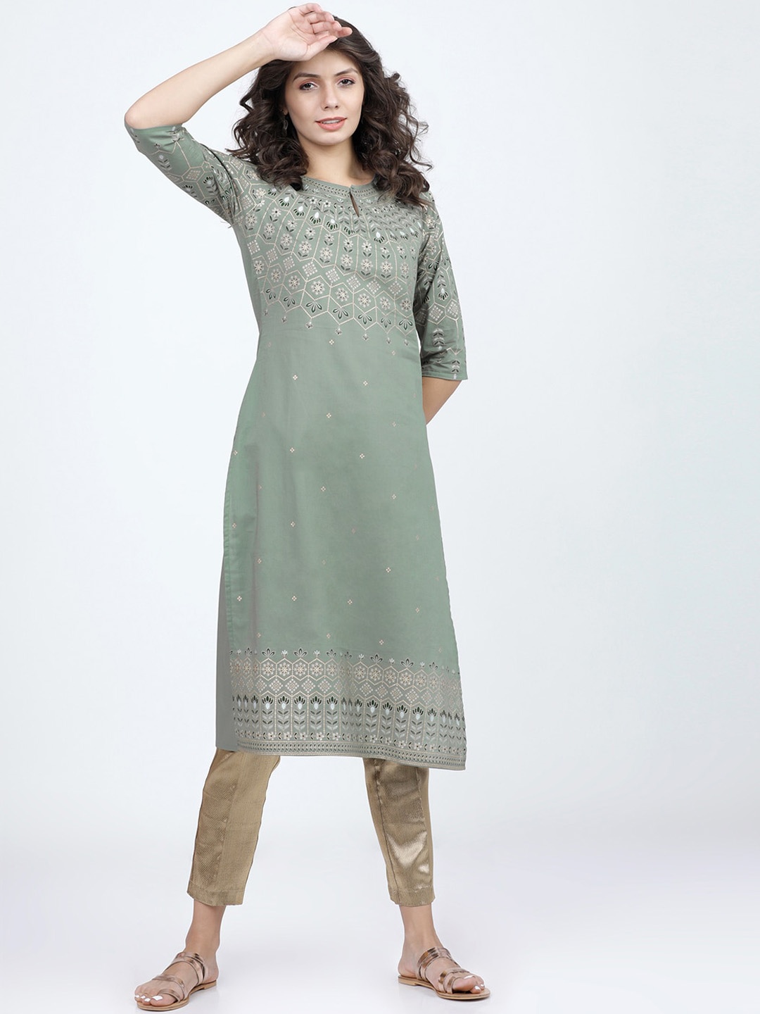 

Vishudh Women Green Ethnic Motifs Cotton Kurta