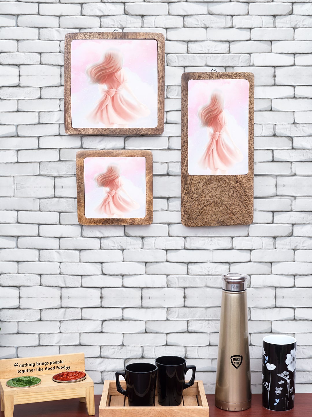 

Golden Peacock Set Of 3 Brown & Pink Wooden Serving Trays With Bowl