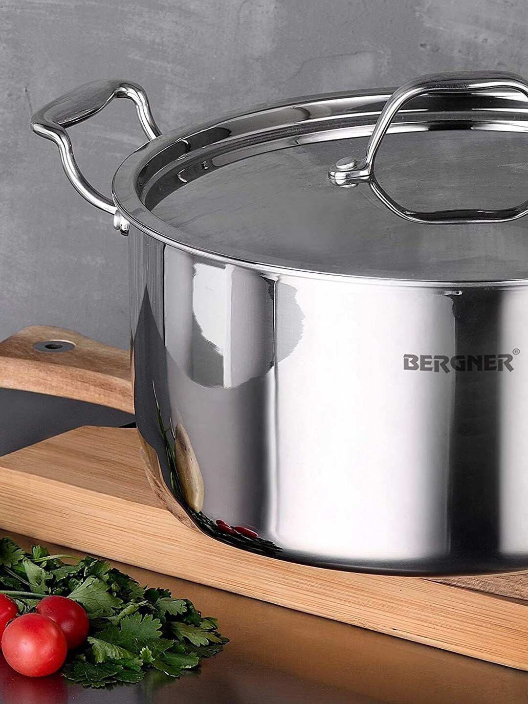 

BERGNER Argent TriPly Induction Bottom Stainless Steel Kadai with Lid 8.3L, Silver