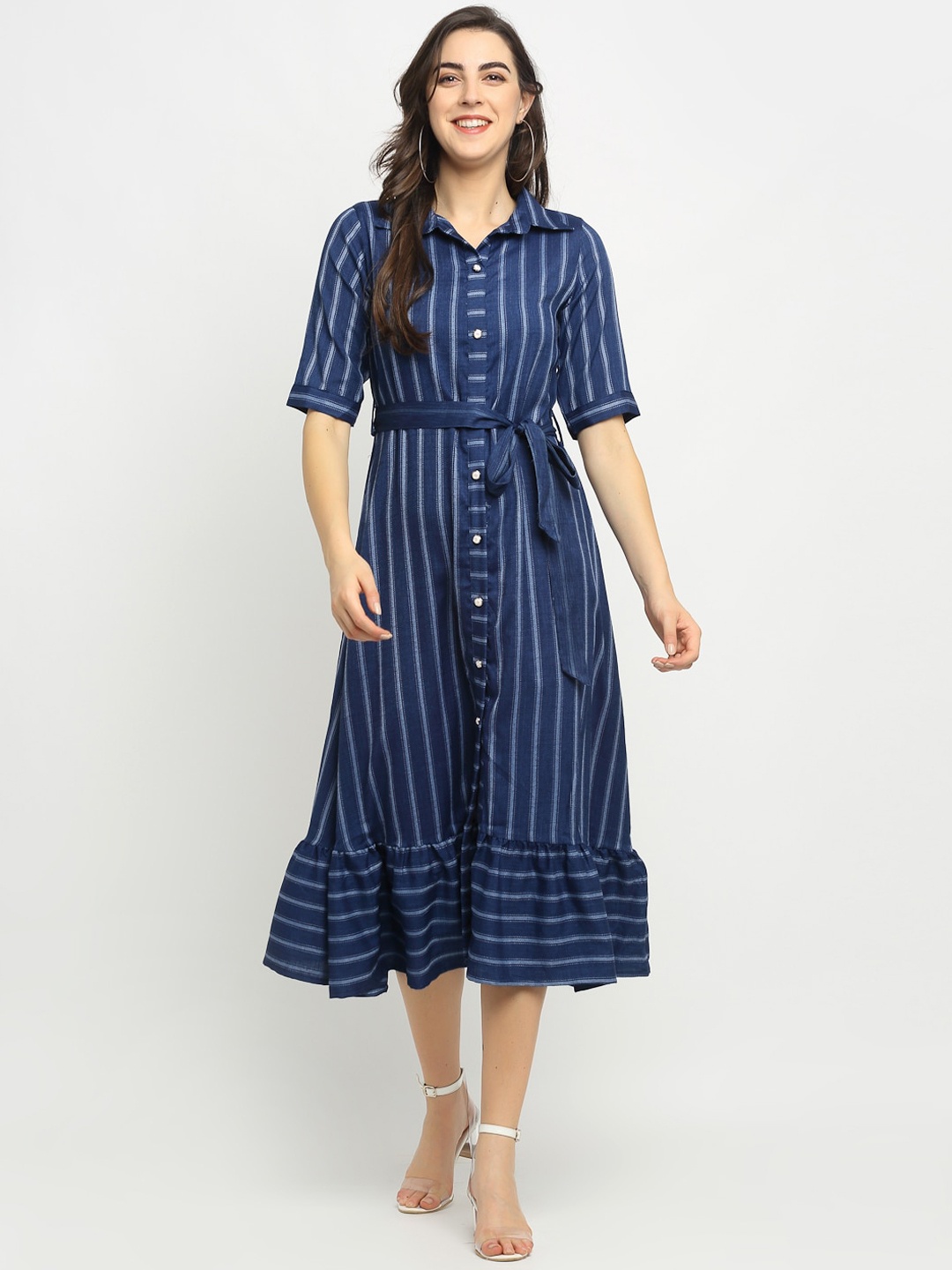 

Rudra Bazaar Women Blue Striped Tiering Kurta