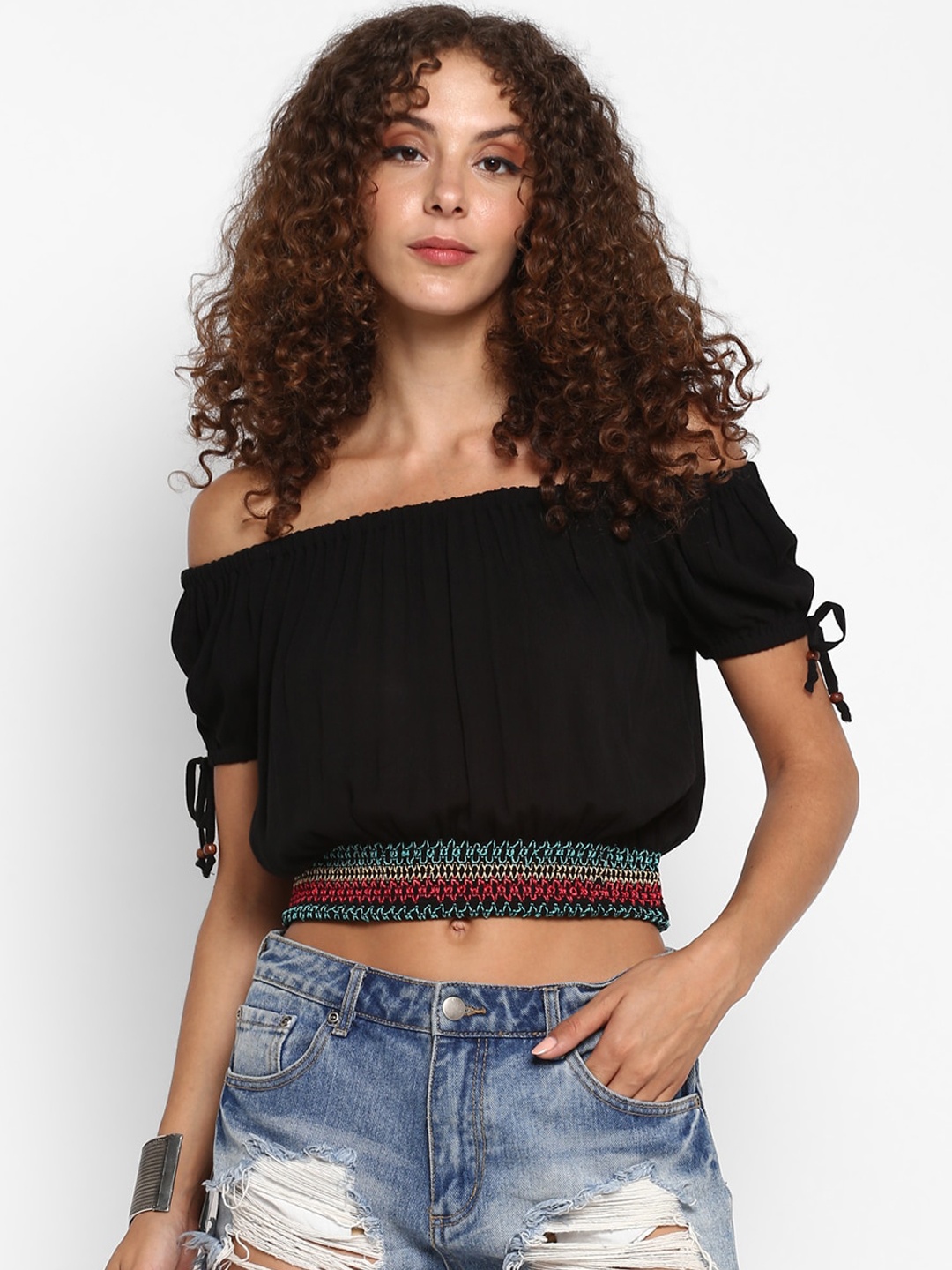 Taurus Black Off-Shoulder Bardot Crop Top