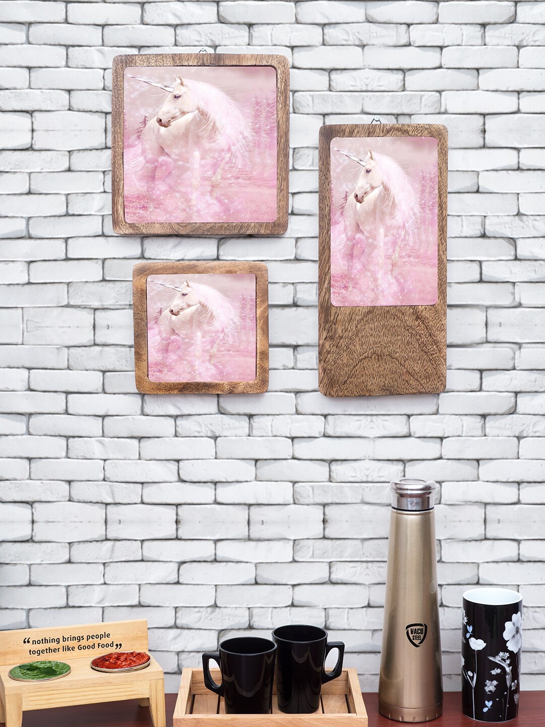 

Golden Peacock Set Of 3 Brown & Pink Printed Wooden Serving Trays With Bowl