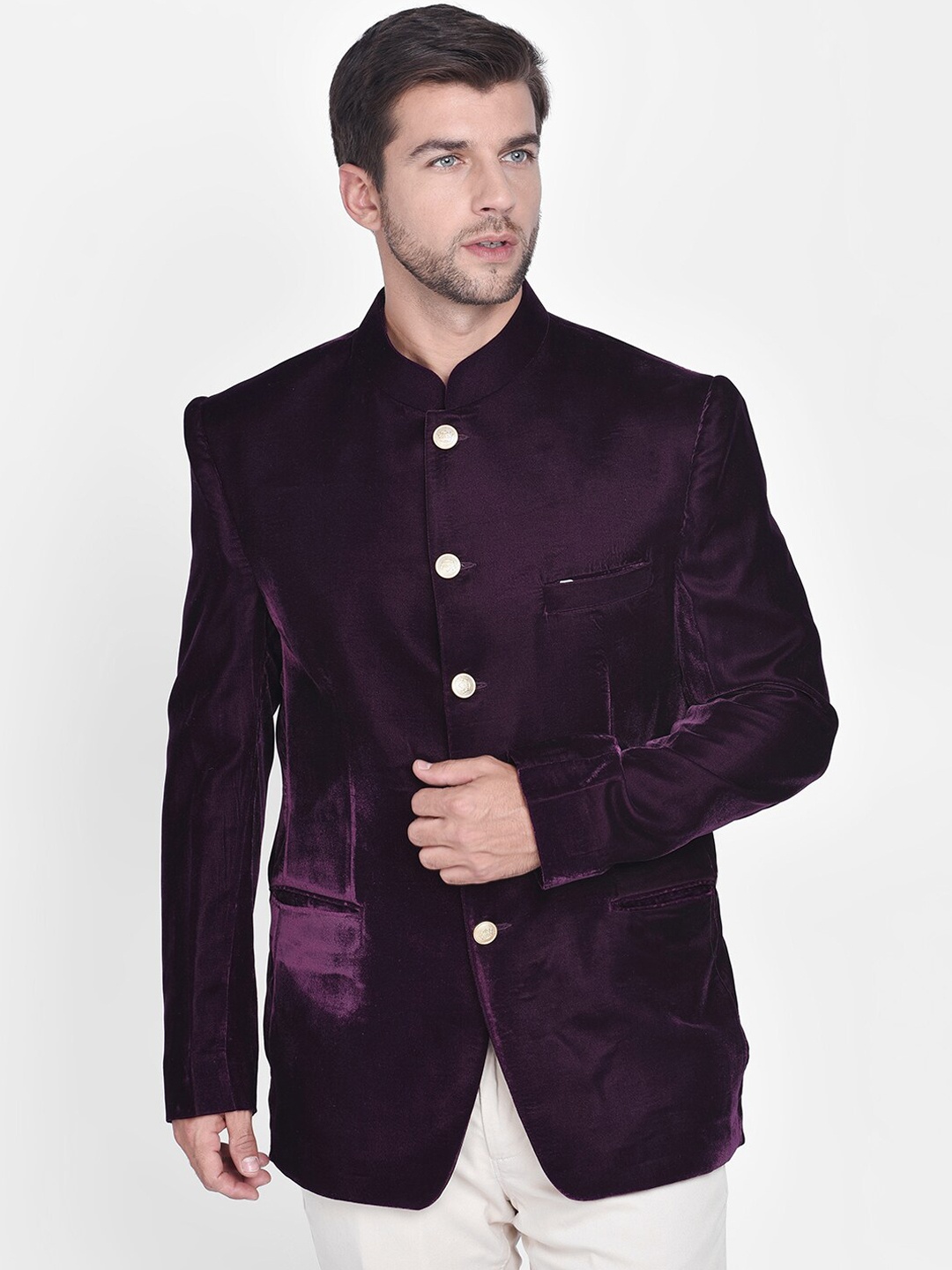 

Blacksmith Men Purple Solid Bandhgala Blazer